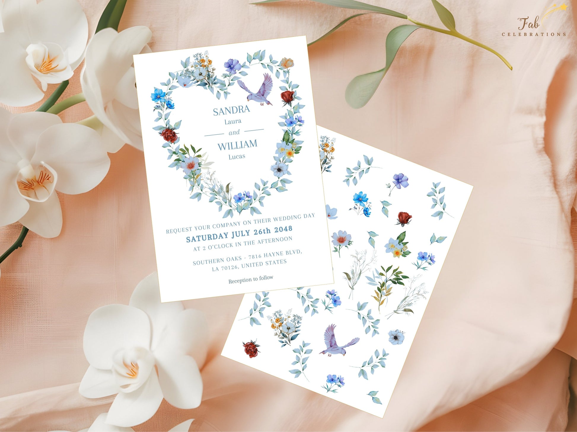 Watercolor-inspired Blue Floral Wedding Invitation Suite designed for garden weddings and French countryside celebrations with customizable Canva templates and refined floral artwork.