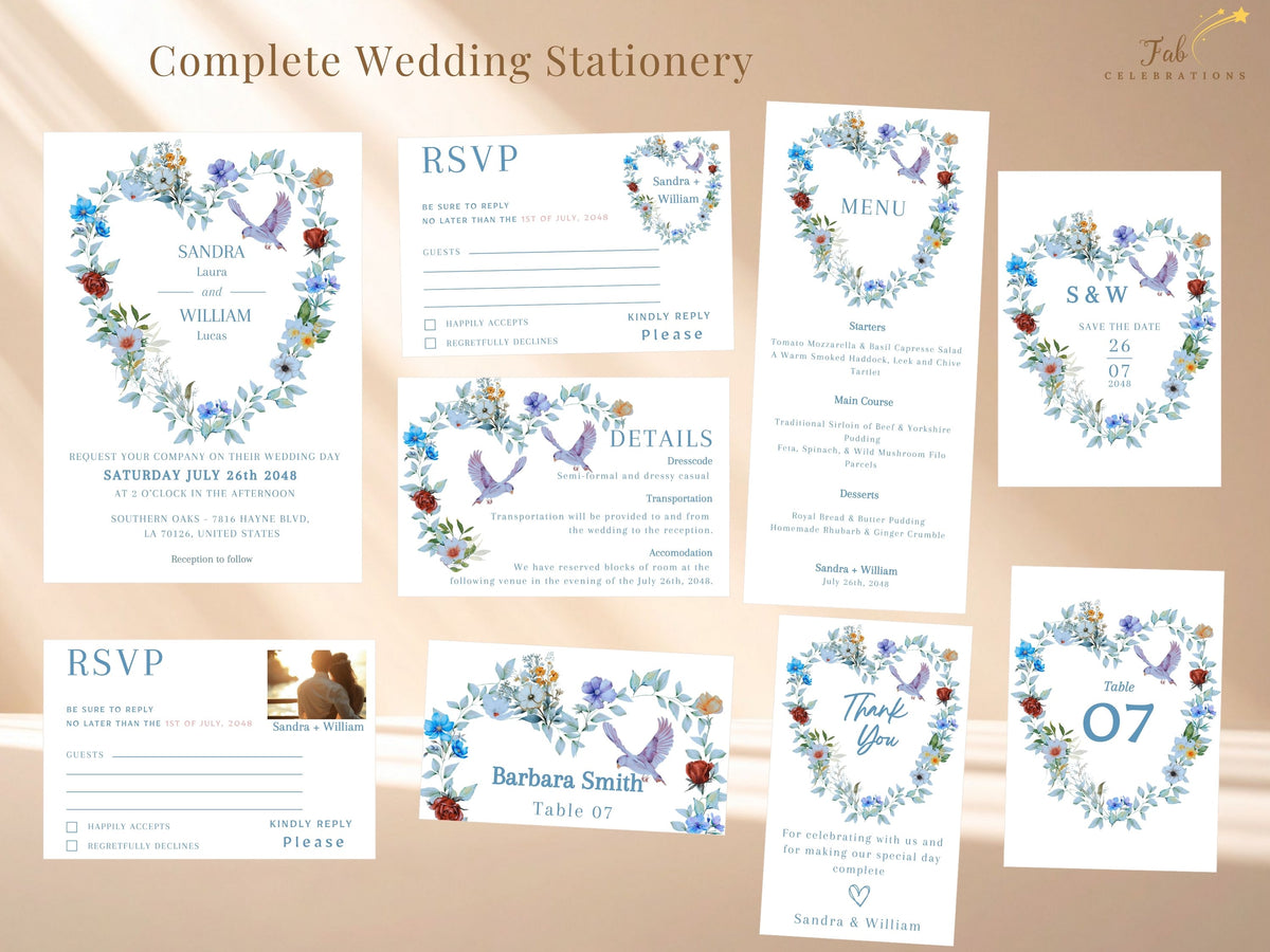 Complete wedding stationery collection showing eleven coordinated templates, including invitations, RSVP cards, details, save the date, menu, place card, table number and thank you designs with floral dove artwork.