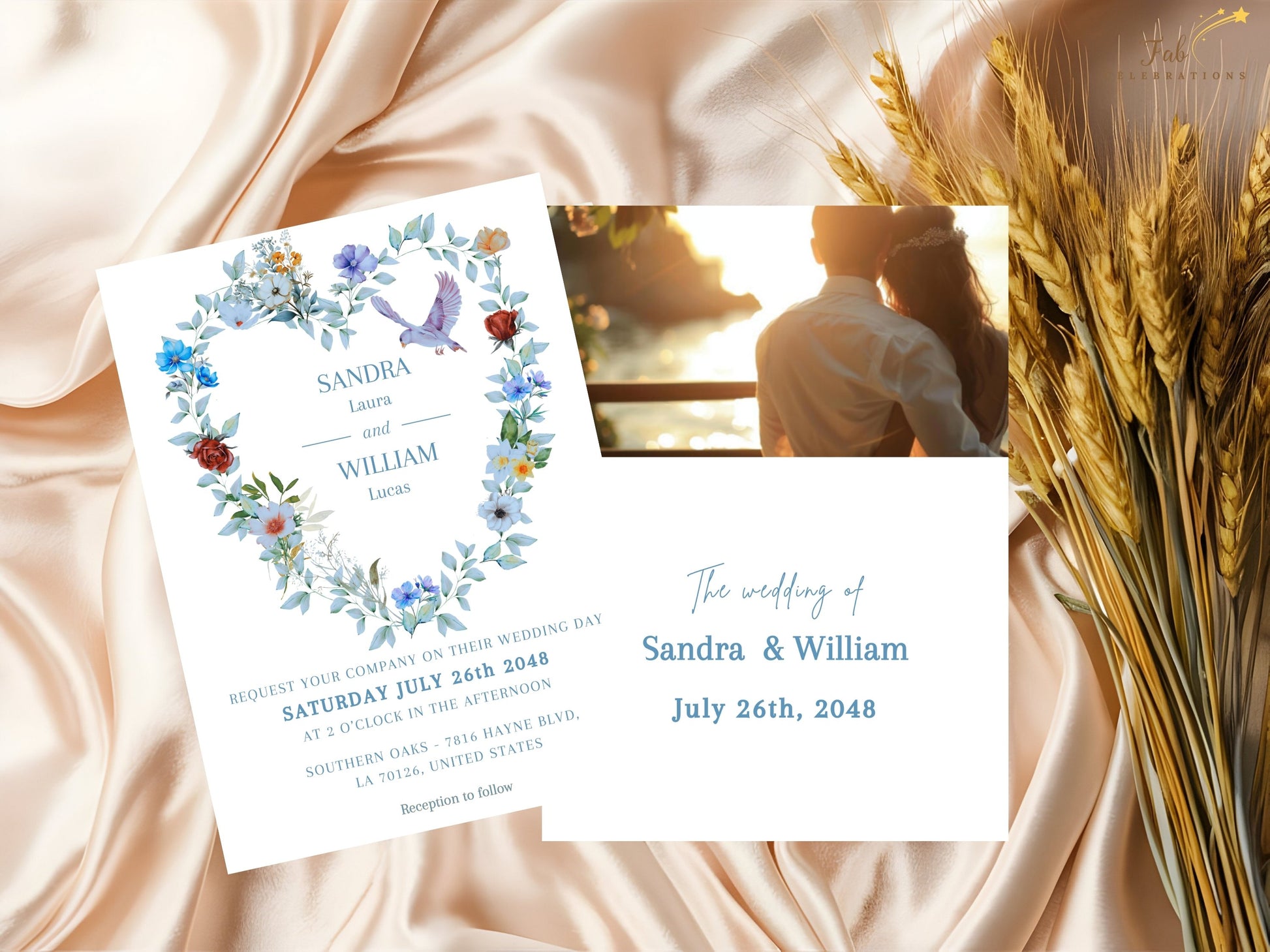 French-inspired wedding invitation templates featuring watercolor-style blue florals, botanical elegance and peaceful dove imagery for meaningful and romantic wedding celebrations.