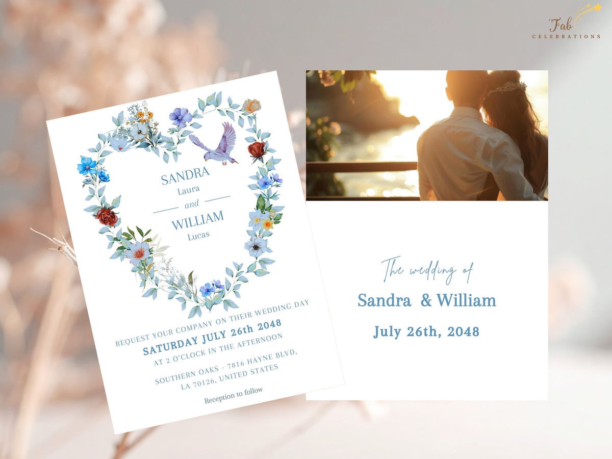 Wedding invitation front paired with the personalized photo back, combining a watercolor-inspired floral dove wreath with elegant wedding details and a large couple photo on the reverse design.