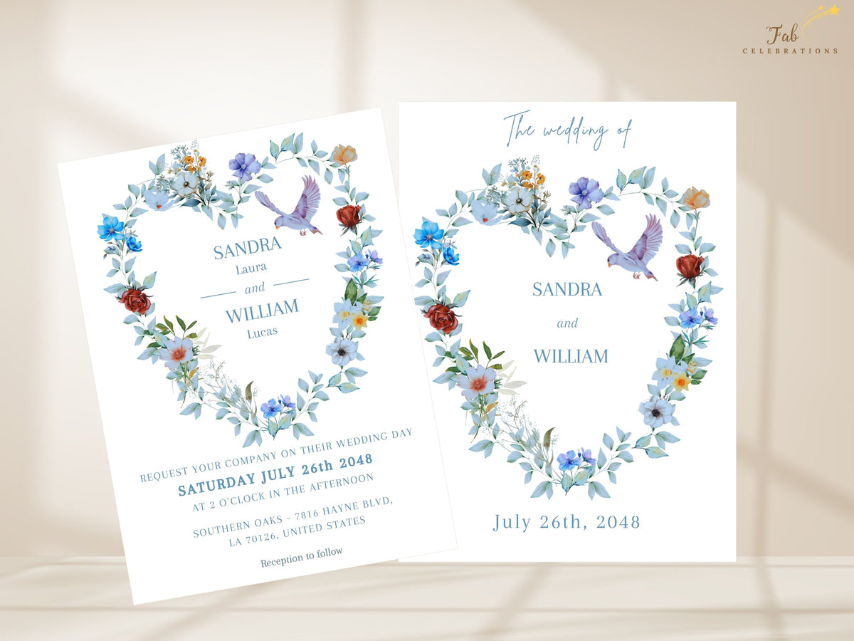 Wedding invitation front paired with its text back, showing coordinated watercolor-inspired floral wreaths, blue flowers, greenery, dove illustrations and elegant typography for a cohesive two-sided design.