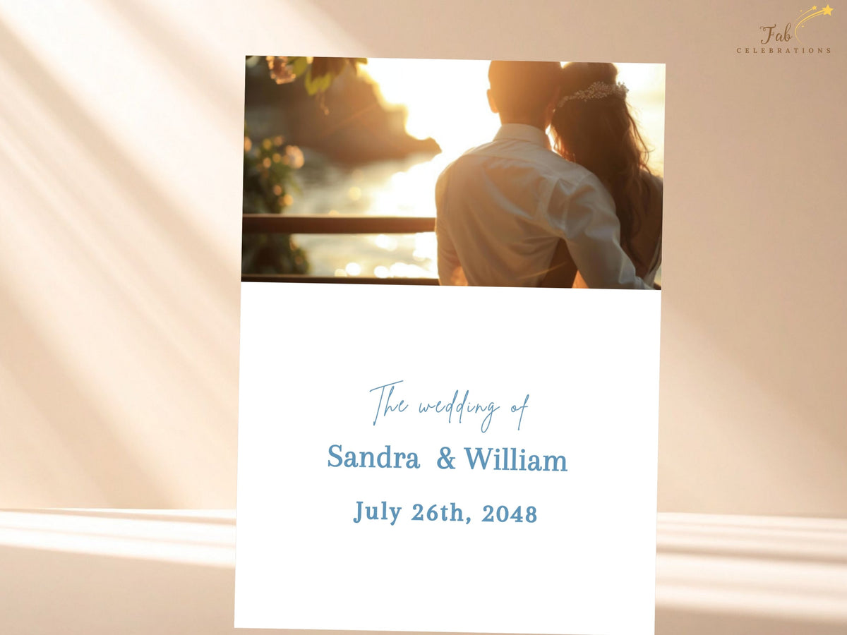 Wedding invitation photo back featuring a large personalized couple photo above elegant blue wedding text, creating a coordinated reverse option for the watercolor-inspired floral invitation design.