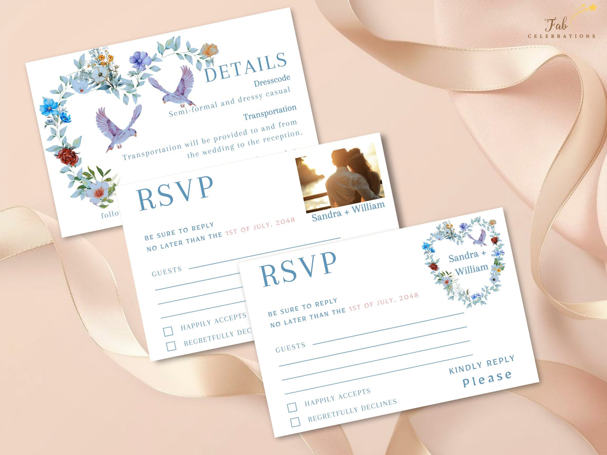 Coordinated wedding stationery showing two RSVP card designs, including one with a personal photo area, alongside a matching details card with delicate watercolor-inspired flowers and dove artwork.