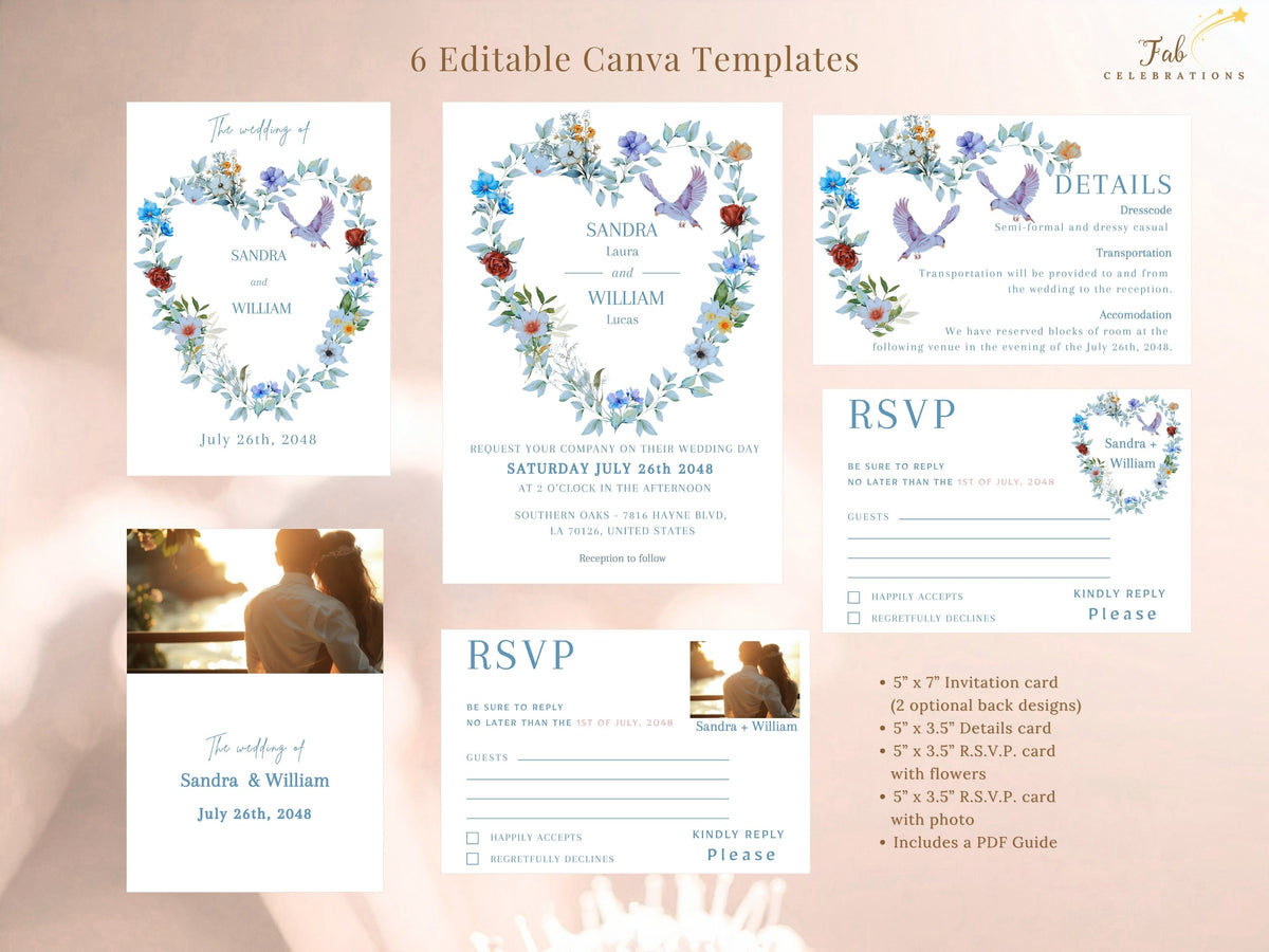 Six editable Canva wedding templates displayed together with an invitation, two back designs, two RSVP cards and a details card, all coordinated with watercolor-inspired florals and dove artwork.