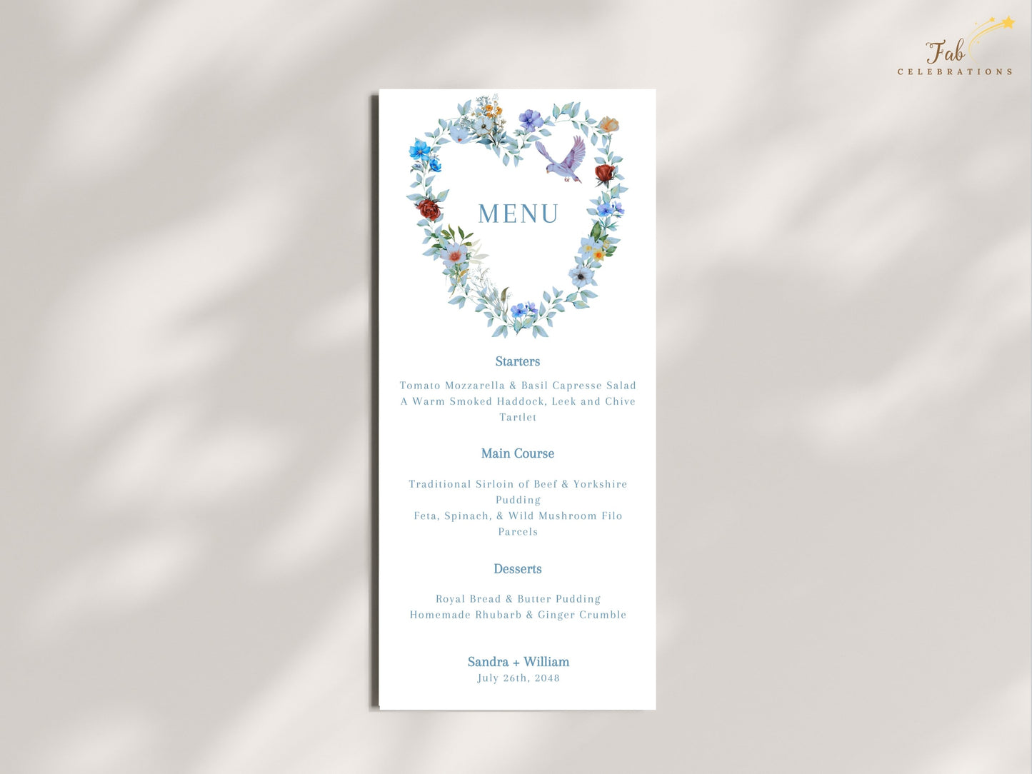 Wedding reception menu card featuring a graceful dove gliding within a blue floral heart design, symbolizing peace, unity and everlasting love.