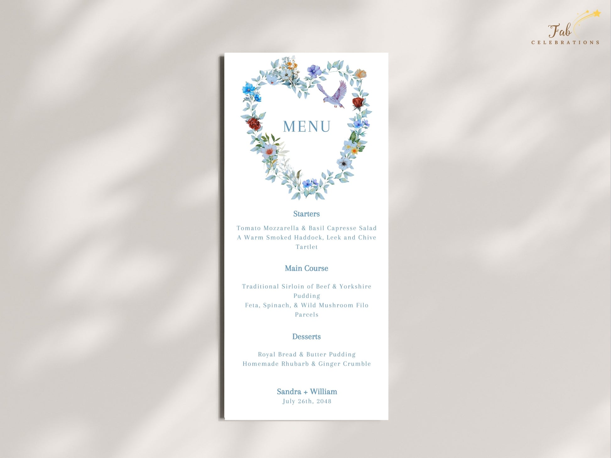 Wedding reception menu card featuring a graceful dove gliding within a blue floral heart design, symbolizing peace, unity and everlasting love.