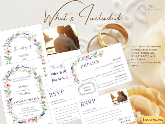 Boho floral wedding suite complete collection featuring six beautifully coordinated templates with romantic watercolor botanical elements, coral and sage color palette, perfect for rustic garden weddings.