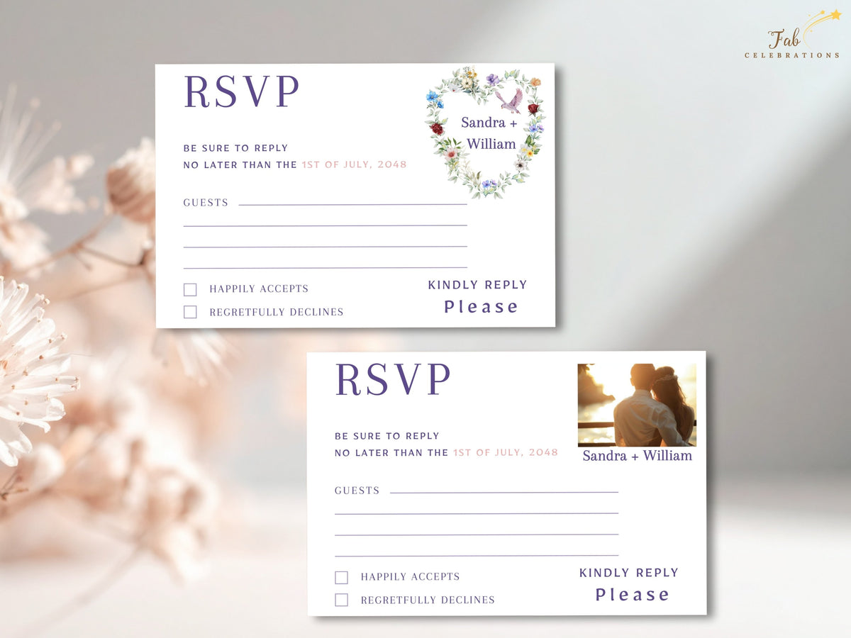 Boho Heart Wedding Invitations coordinated RSVP cards shown together, pairing a floral response design with a photo version and matching watercolor-inspired botanical accents.