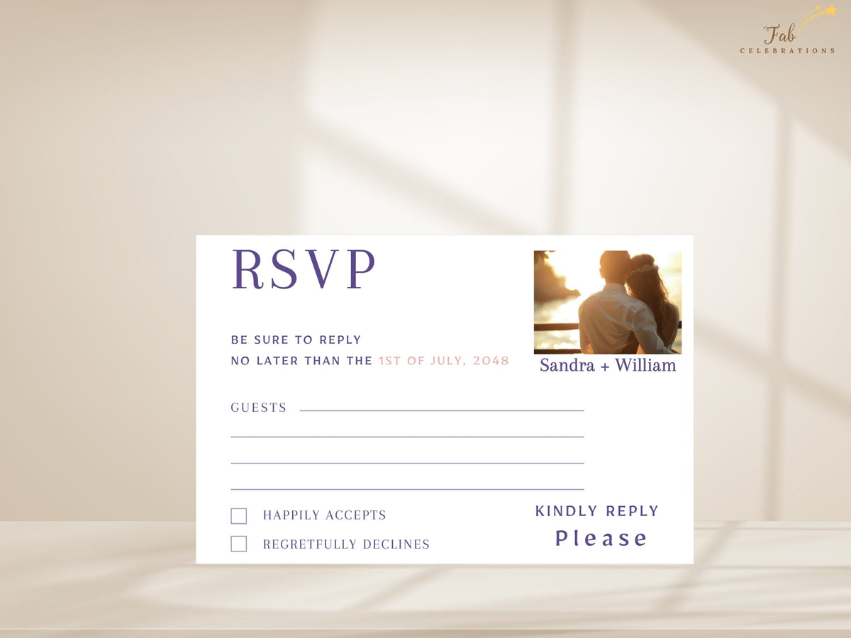 Wedding RSVP card with a couple photo area above refined response wording, guest lines and acceptance options, designed to coordinate with the watercolor-inspired floral collection.