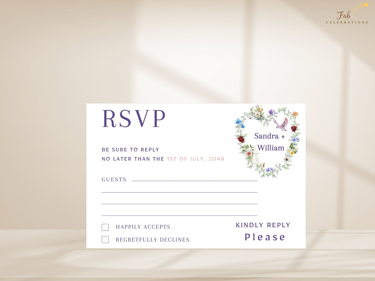 Wedding RSVP card featuring a watercolor-inspired floral arrangement with colorful blossoms and soft greenery, elegant response wording, guest lines and acceptance options.