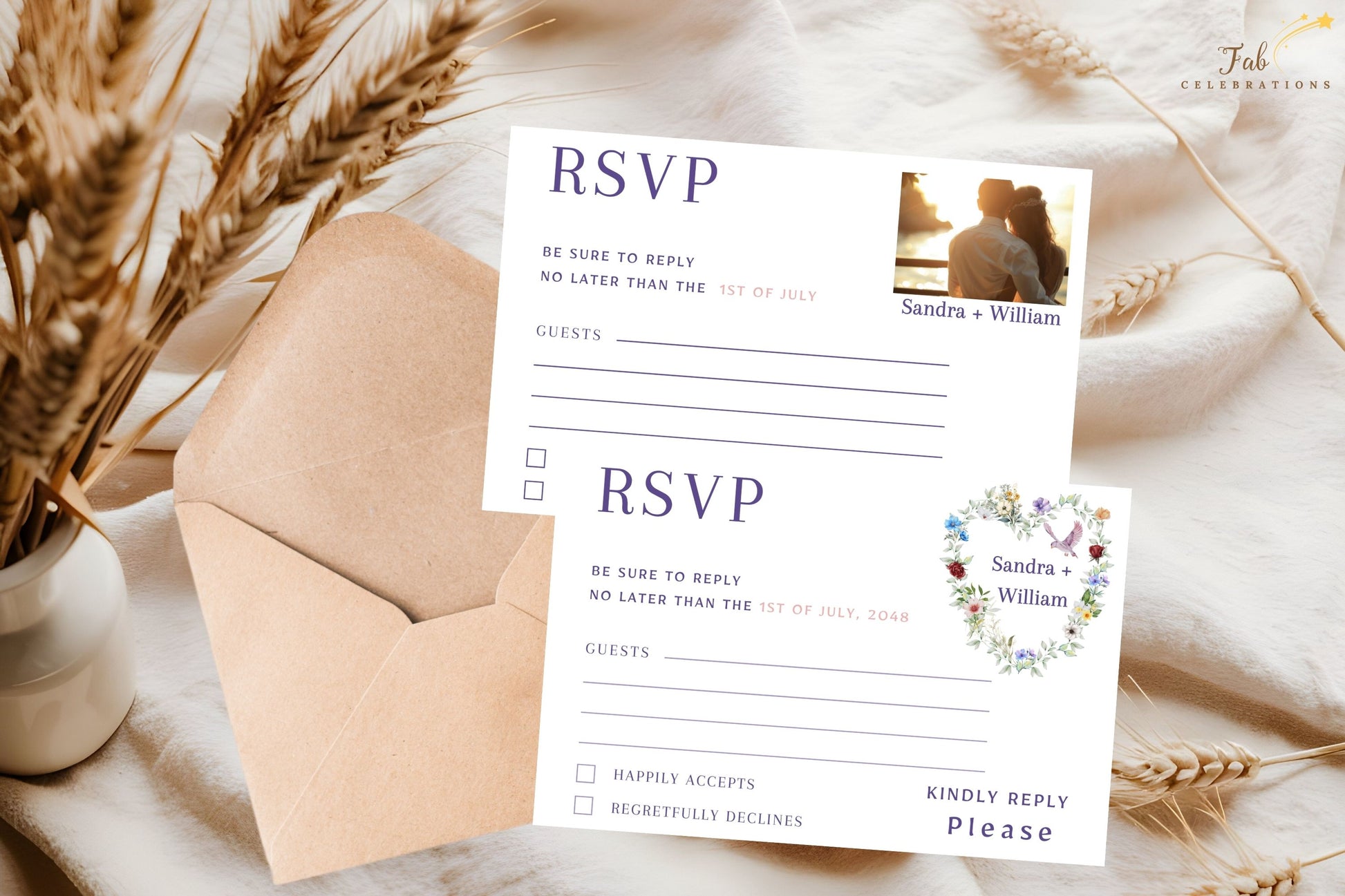 Boho heart wedding invitations photo RSVP template showing customizable placeholder layout, editable fonts and colors in Canva for a modern yet romantic stationery touch.