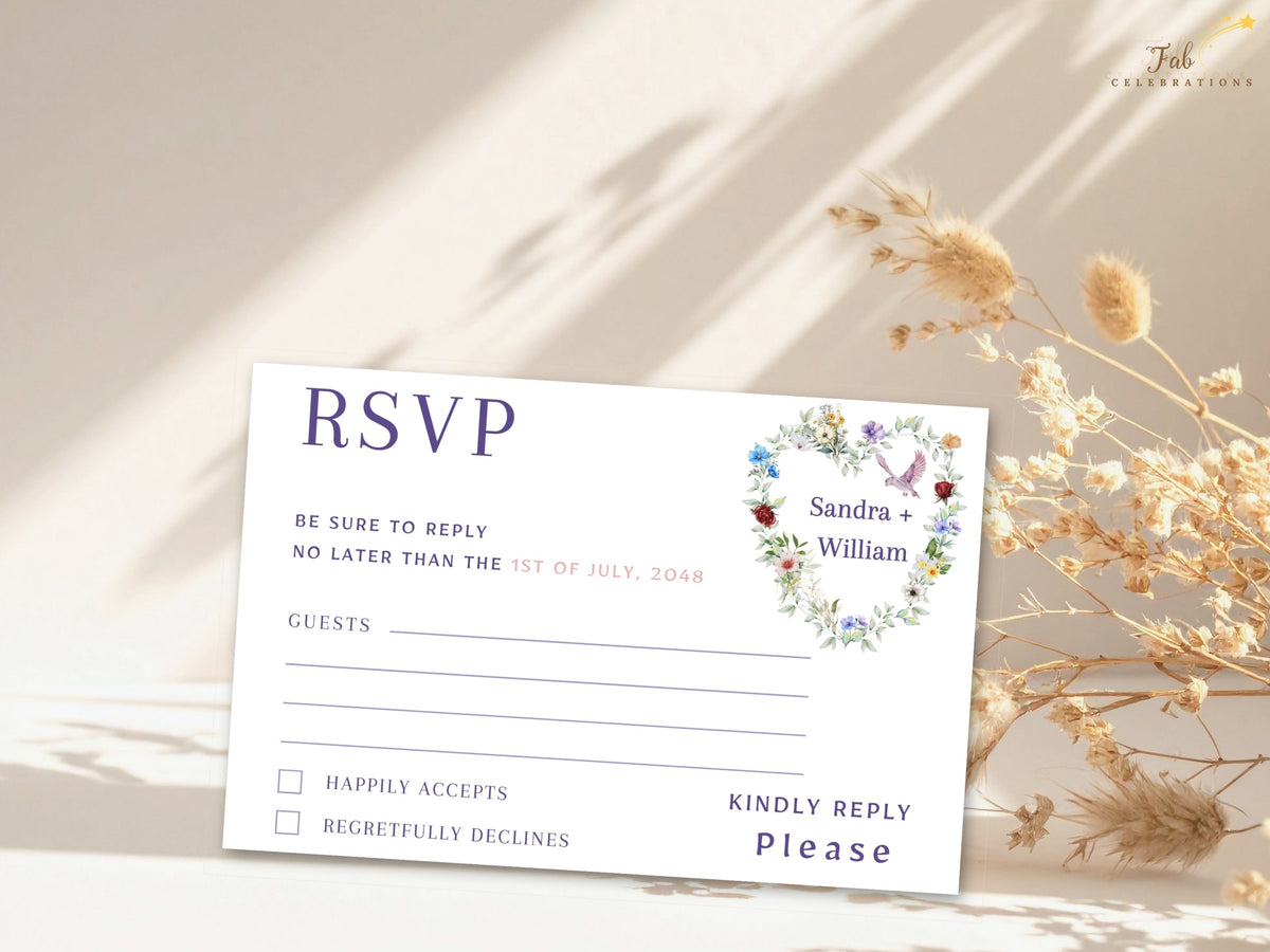 Floral wedding RSVP card featuring a delicate watercolor-inspired arrangement of colorful blossoms and leafy greenery beside elegant response wording, guest lines and acceptance options.