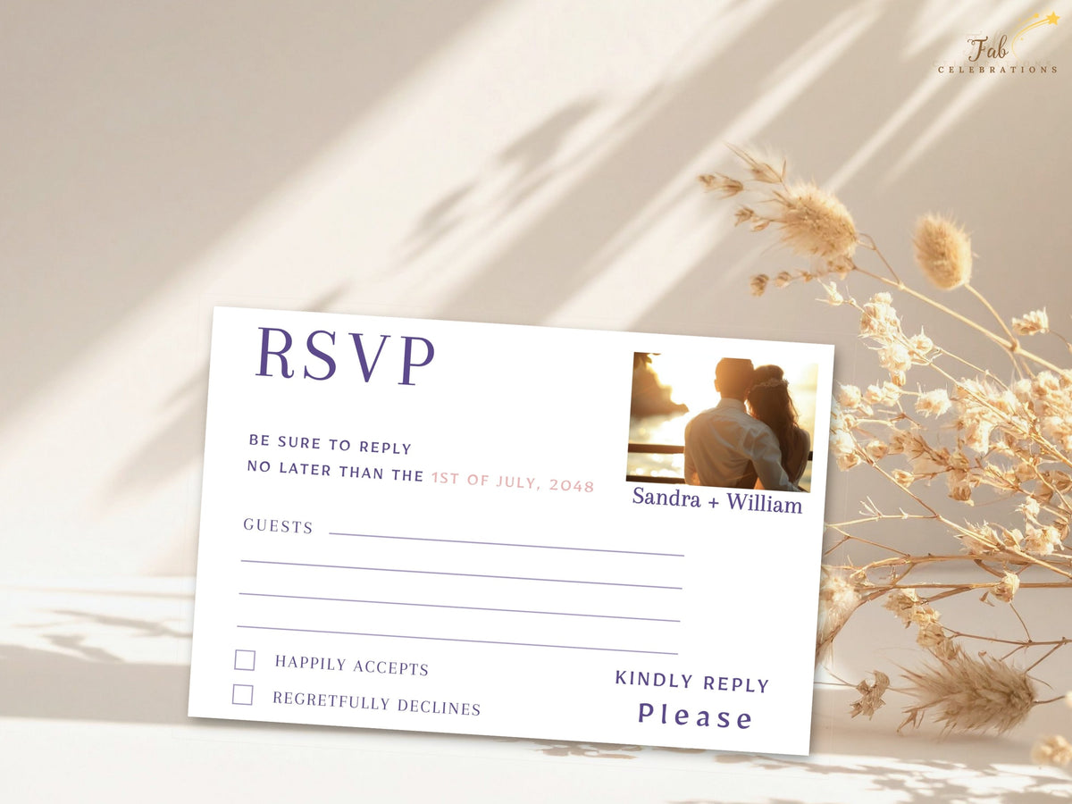 Wedding photo RSVP card featuring a couple photograph, elegant reply wording, guest lines and acceptance options in a clean layout coordinated with the floral wedding collection.