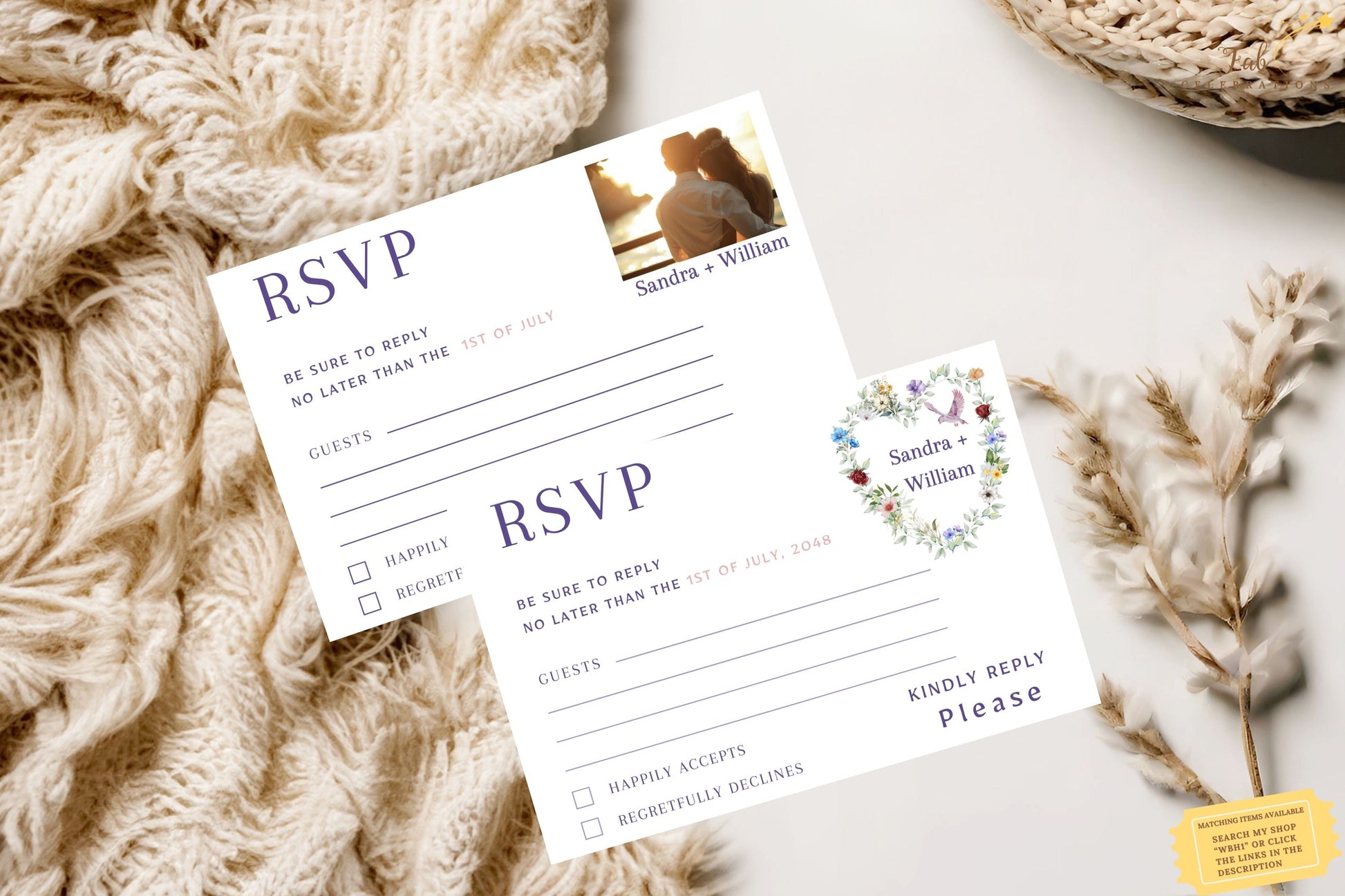 Boho heart wedding invitations RSVP card closeup design highlighting floral wreath with dove motif, symbolic of peace and unity, perfect for rustic romantic ceremonies.