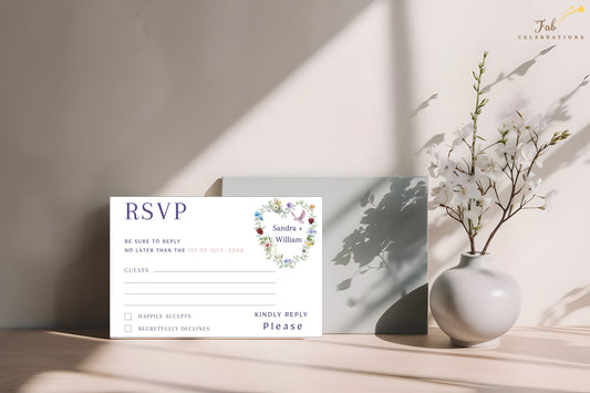 Boho heart wedding invitations RSVP card set featuring floral wreath with dove and minimalist photo design, editable in Canva for rustic romantic ceremonies and garden weddings.