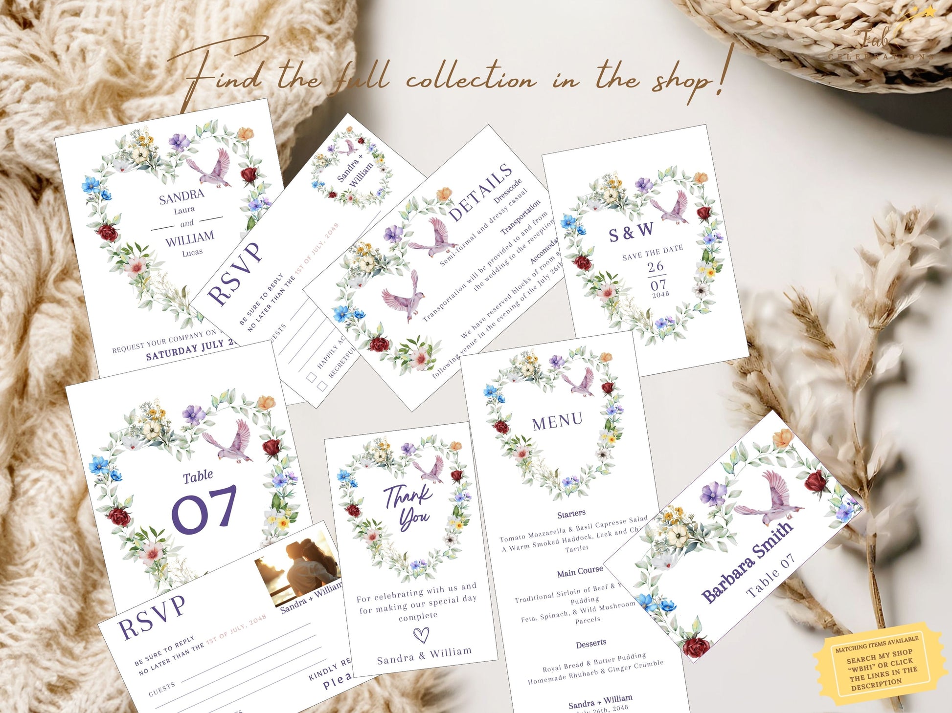 Boho heart wedding invitations RSVP flatlay display featuring both floral heart and minimalist photo card options, styled with rustic details for elegant outdoor weddings.
