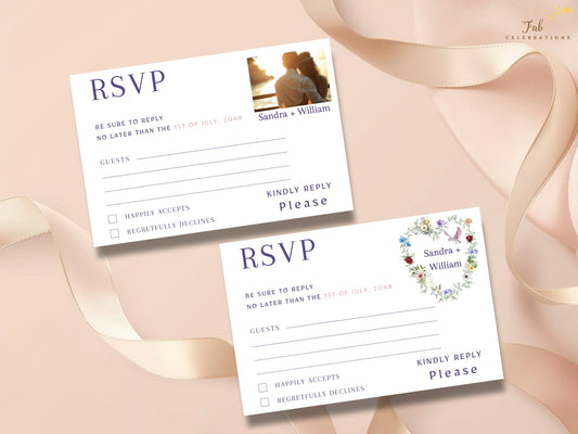 Boho Heart Wedding Invitations RSVP set featuring two coordinated response cards, including a classic floral design and a photo version with watercolor-inspired flowers and elegant typography.
