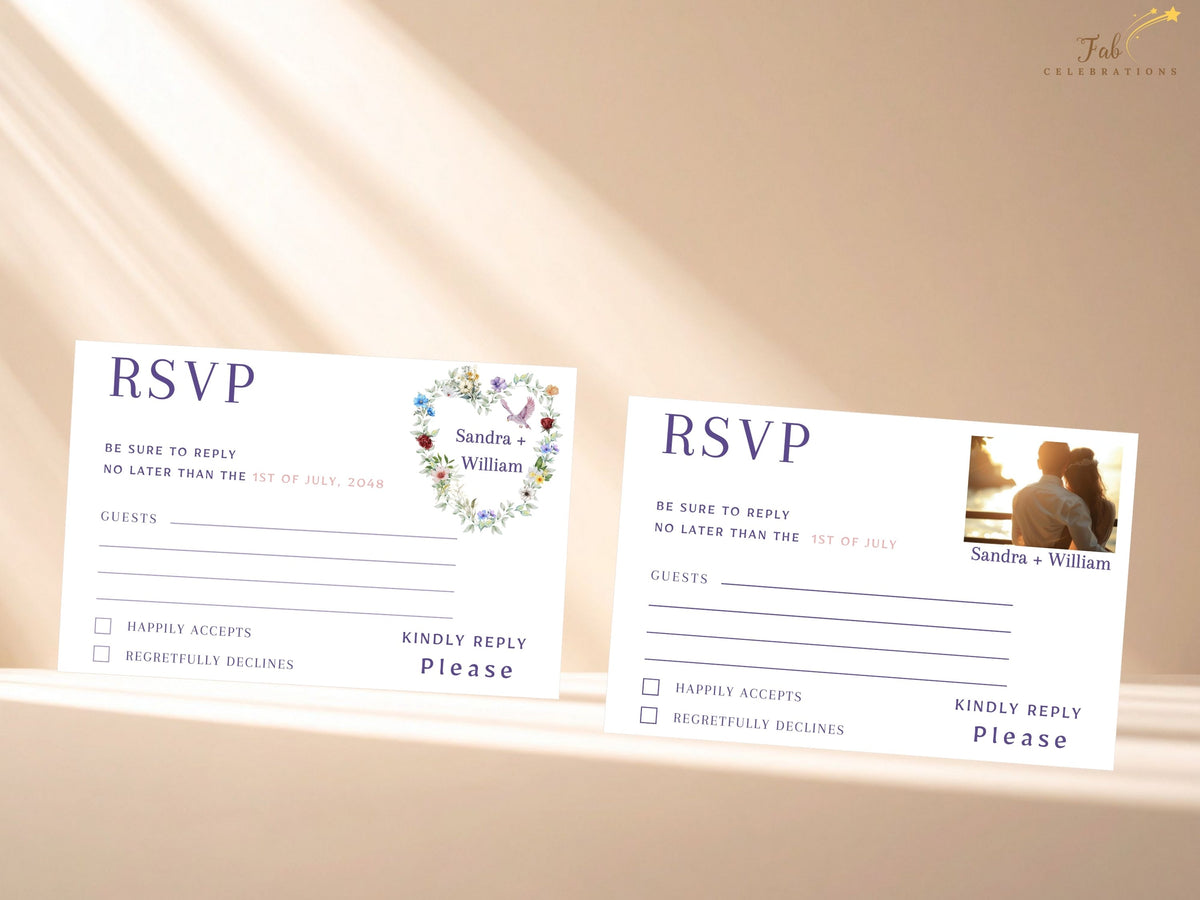 Boho Heart Wedding Invitations — Editable Canva RSVP Cards Set