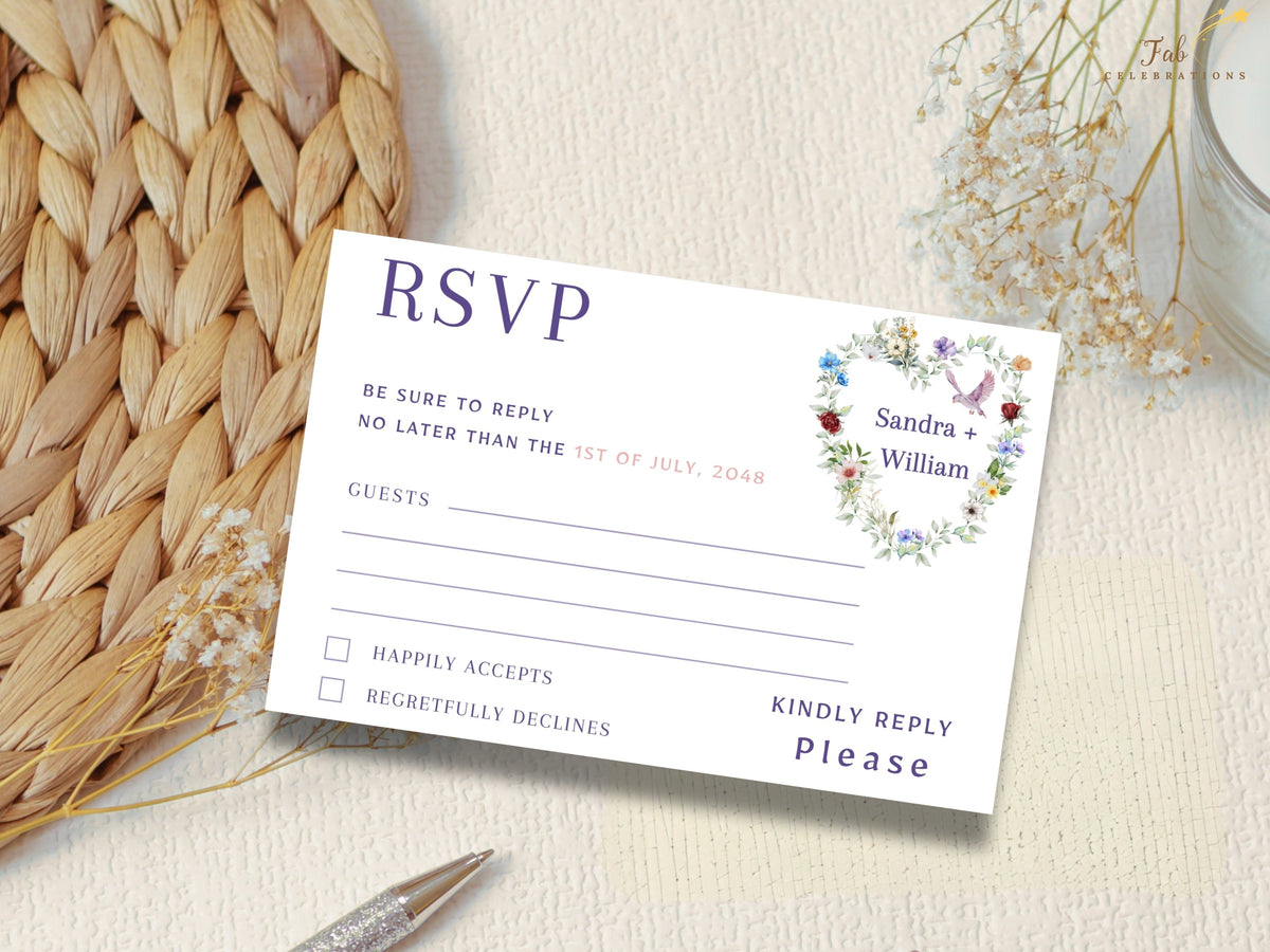 Wedding RSVP card decorated with delicate watercolor-inspired flowers and leafy greenery, featuring elegant reply typography, guest lines and clearly arranged acceptance choices.
