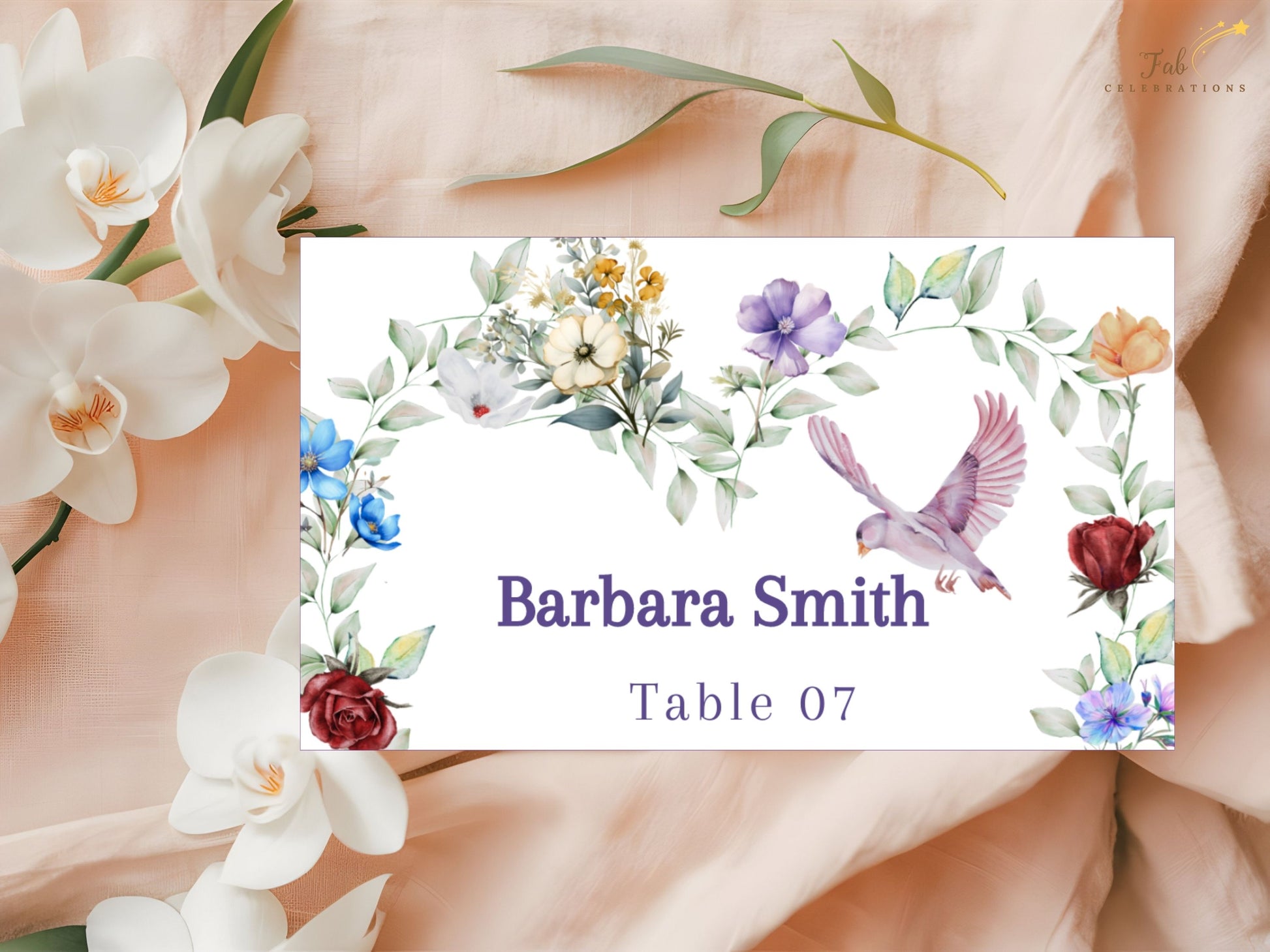 Boho watercolor wedding card romantic style place card with pastel florals, dove motif and rustic greenery, ideal for elegant countryside wedding receptions.