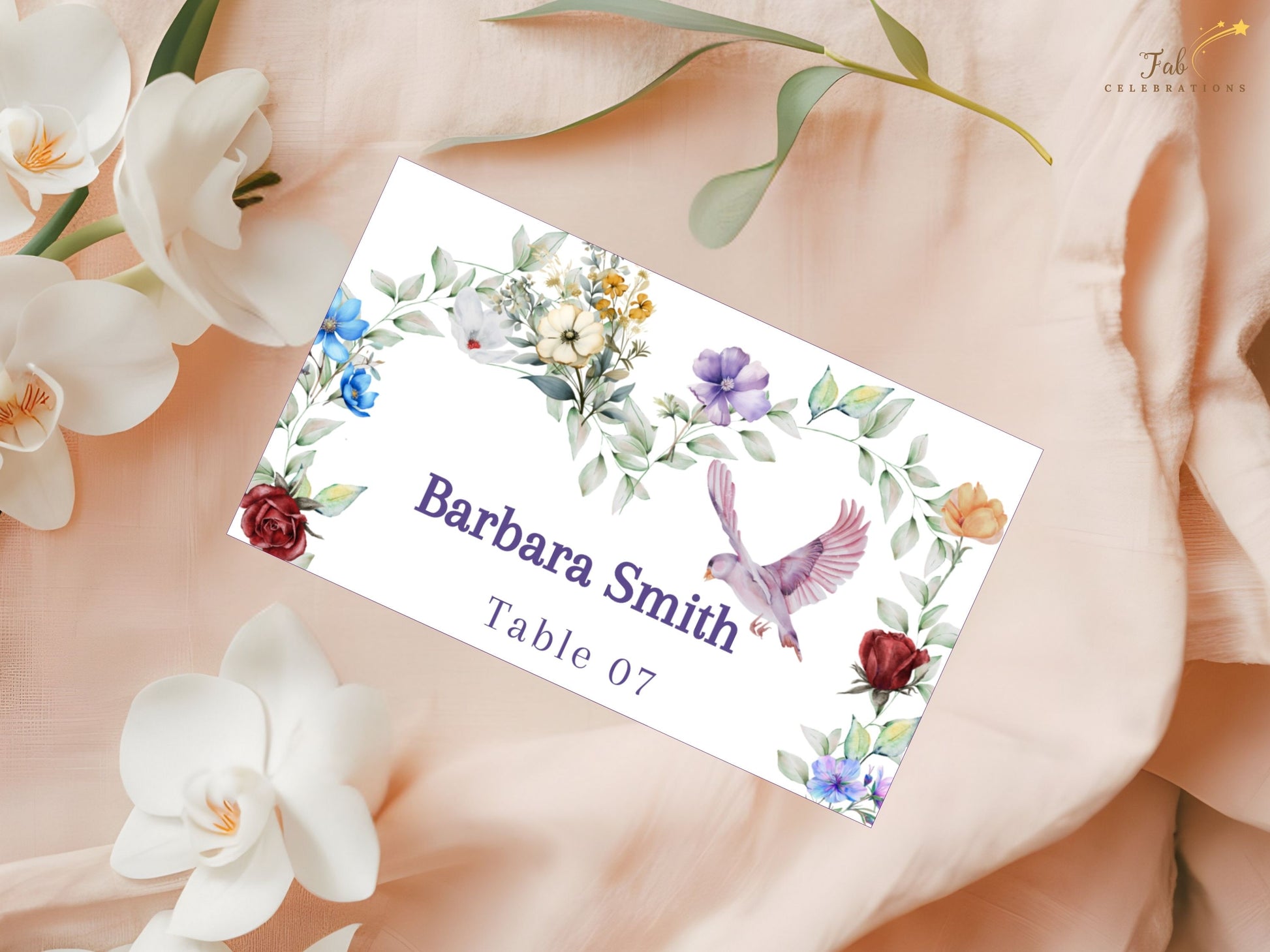 Boho watercolor wedding card dove detail closeup symbolizing love and unity above florals, adding poetry and grace to rustic and bohemian table settings.