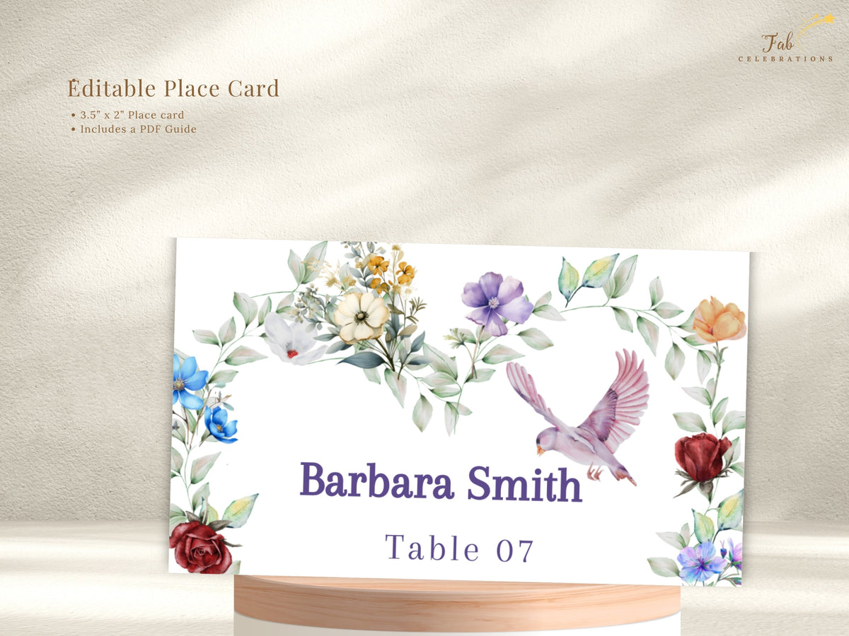 Boho Watercolor Wedding Card editable place card featuring watercolor-inspired floral details, delicate greenery and a graceful dove surrounding the guest name Barbara Smith and table number 07.