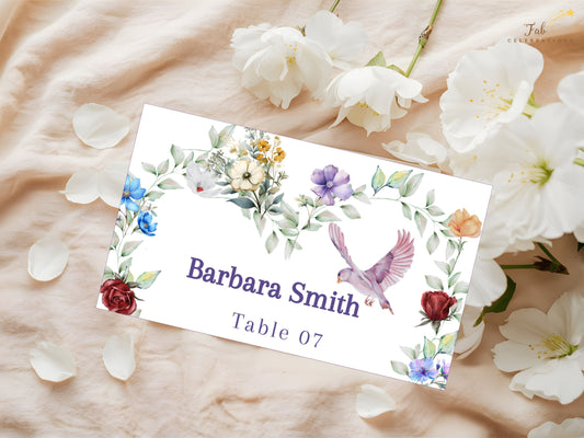 Boho watercolor wedding card place card template featuring half-heart floral arch in watercolor with dove motif, editable in Canva for rustic romantic wedding receptions.
