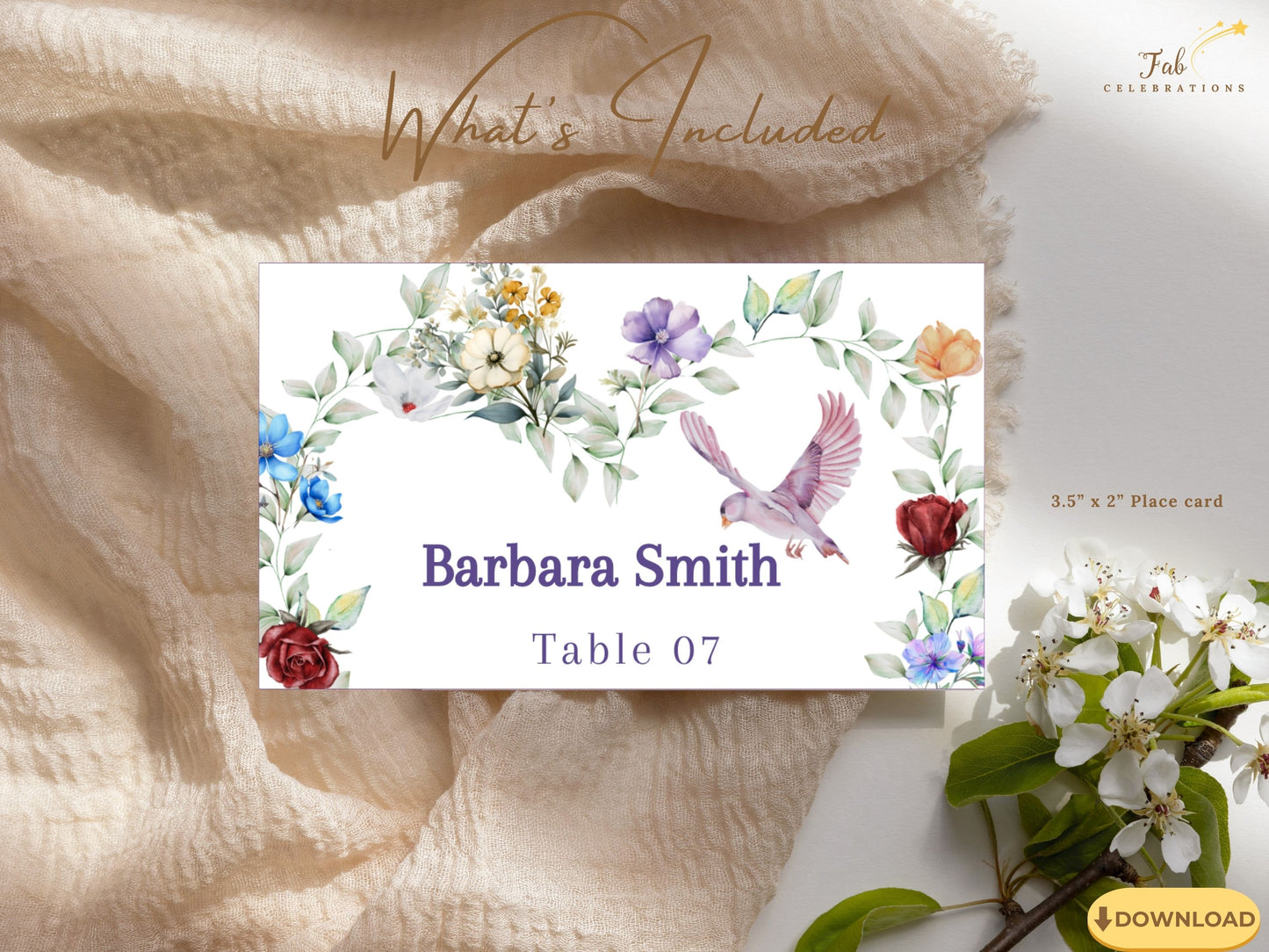 Boho watercolor wedding card floral arch design with soft purple, crimson and ivory blossoms accented with greenery, perfect for countryside wedding table décor.