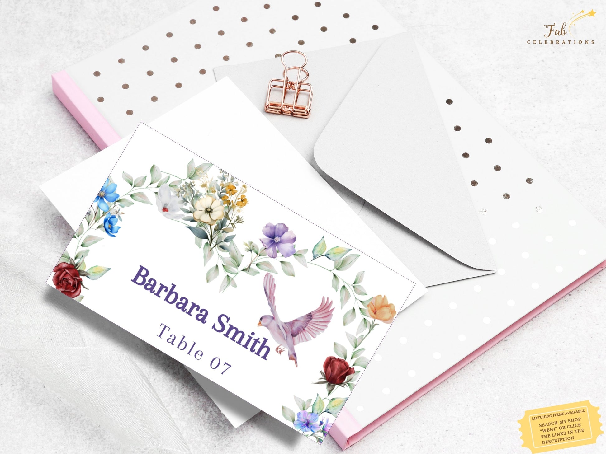 Boho watercolor wedding card editable Canva layout showing customizable names, fonts and colors, designed for DIY brides seeking rustic boho place cards.