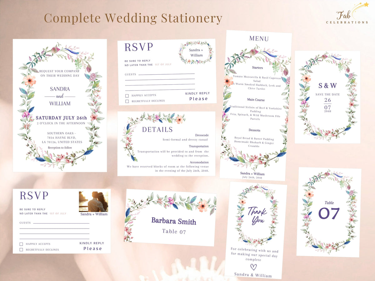 Boho Wedding Invitation Template suite with eleven coordinated editable wedding stationery designs, featuring romantic watercolor-inspired florals for a complete and cohesive celebration.