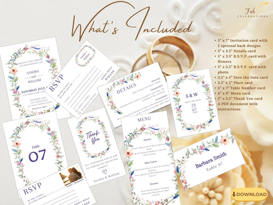 Boho wedding invitation template elegant floral design with watercolor botanical elements and rustic typography, perfect for outdoor garden wedding ceremonies and bohemian celebrations.
