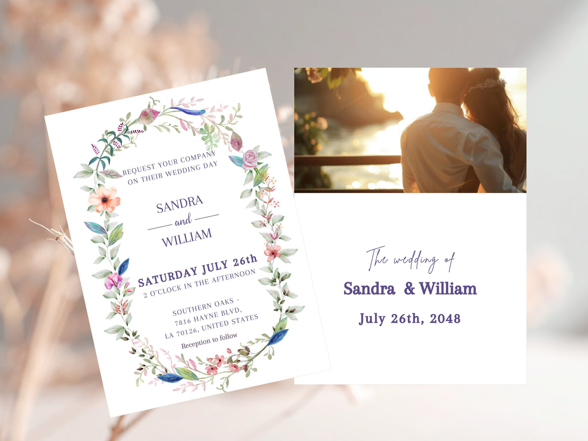 Wedding invitation front paired with a coordinated back featuring a customizable photo area, framed by romantic watercolor-inspired florals for a personal two-sided design.