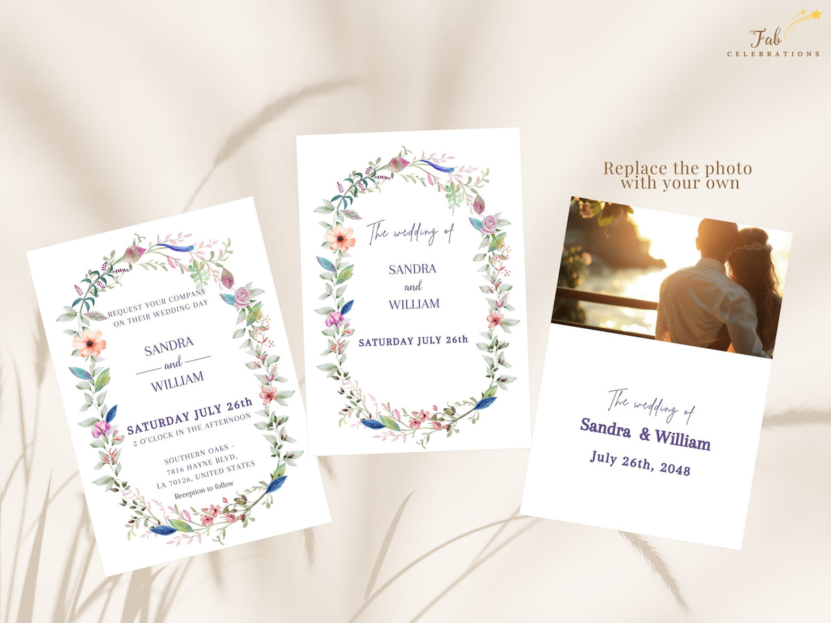 Wedding invitation front displayed with two coordinated back designs, including a text layout and customizable photo area, finished with romantic watercolor-inspired floral details.