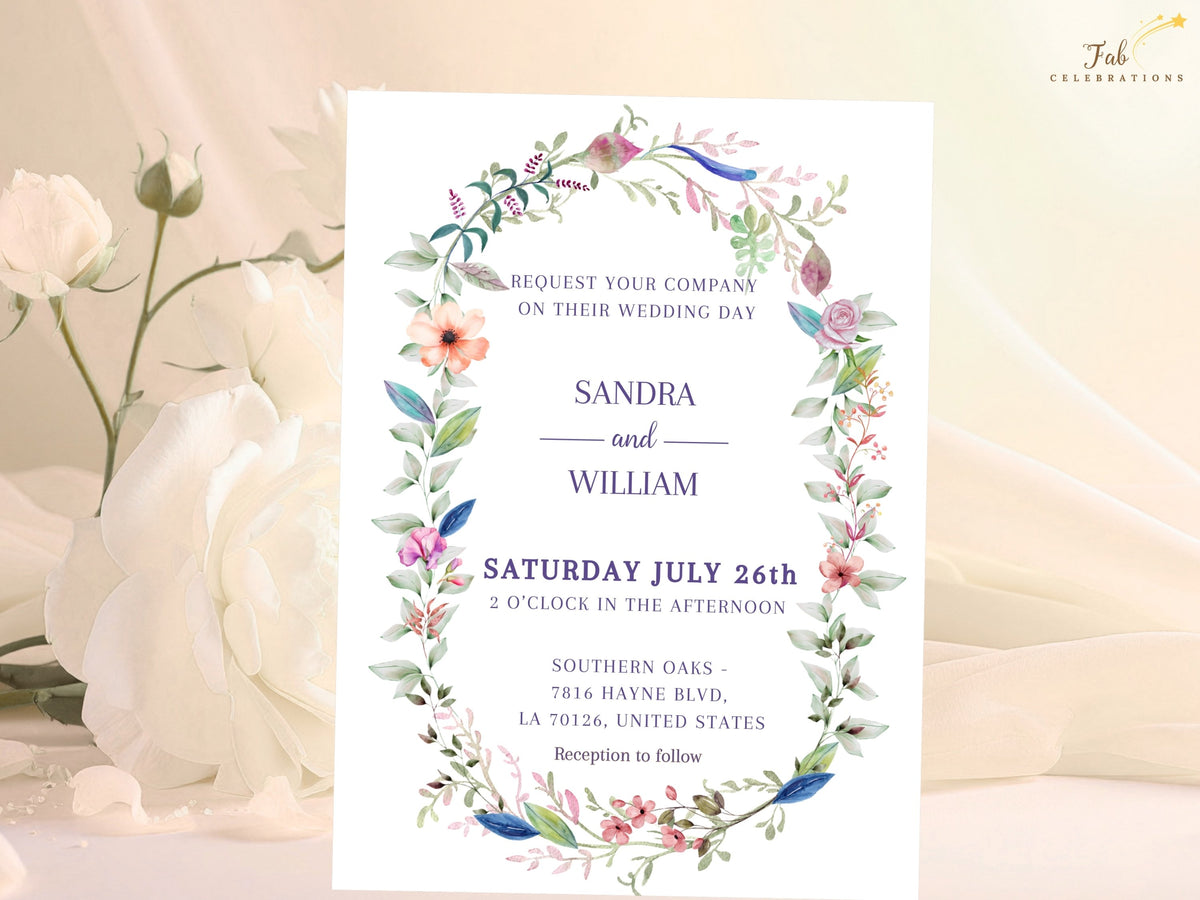 Boho Wedding Invitation Template front featuring a romantic watercolor-inspired floral wreath, delicate botanical accents, and elegant editable typography for a personalized wedding.