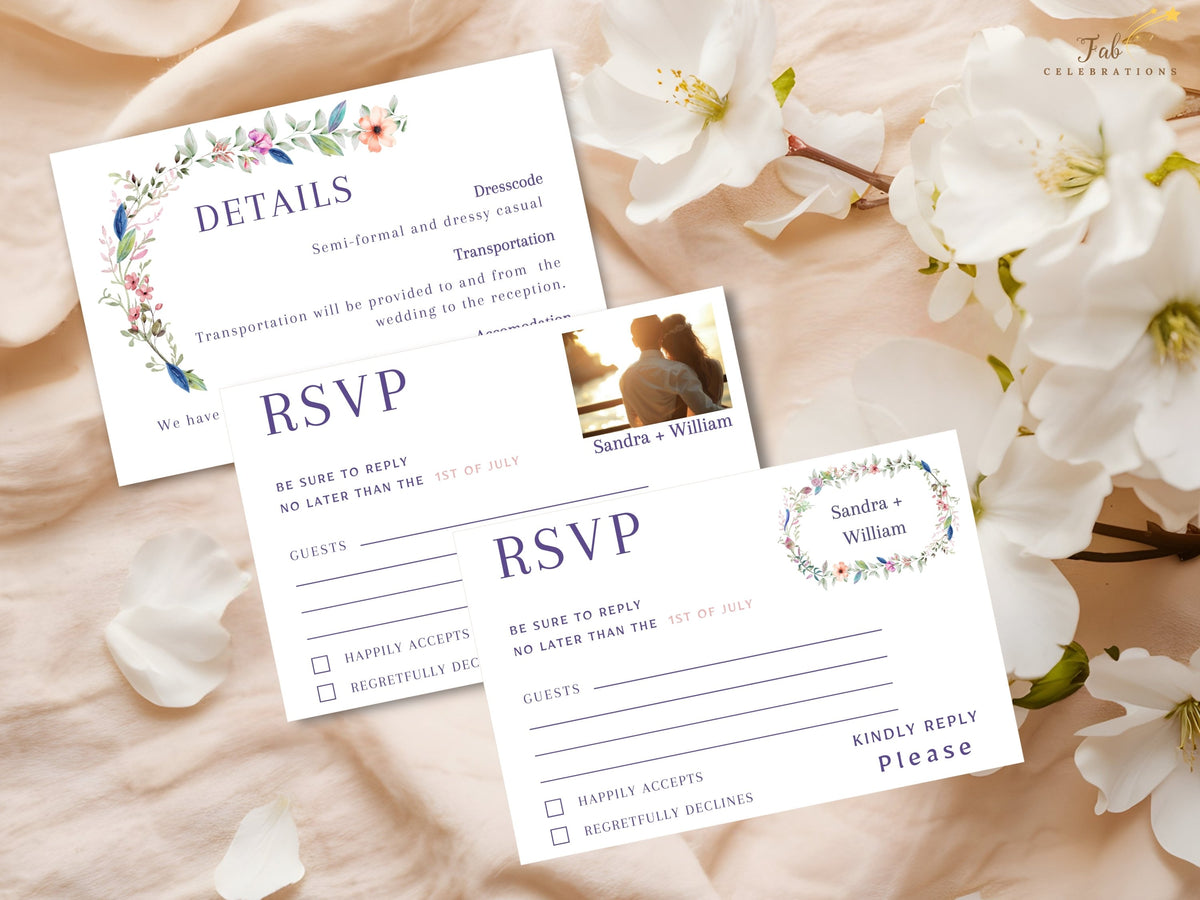 Two coordinated wedding RSVP cards, including one design with a photo area, displayed with a matching details card featuring romantic watercolor florals and elegant typography.