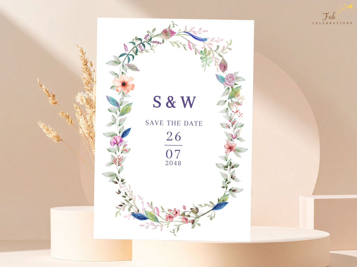 Wedding save the date card featuring romantic watercolor-inspired florals and elegant editable typography, designed to announce the celebration in a coordinated and memorable style.