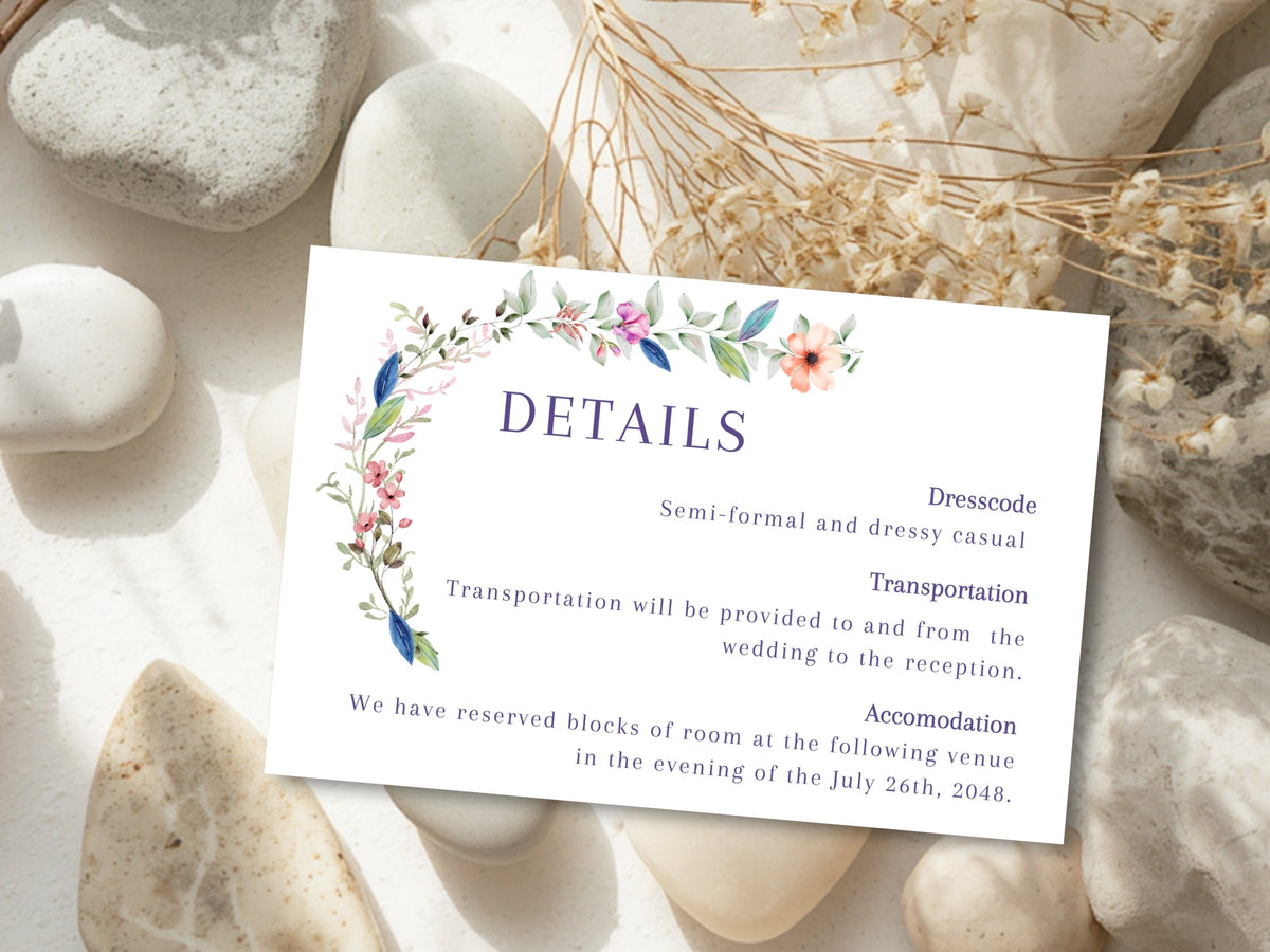 Wedding details card with romantic watercolor-inspired florals and an elegant editable layout for sharing ceremony, reception, accommodation, travel, or other guest information.
