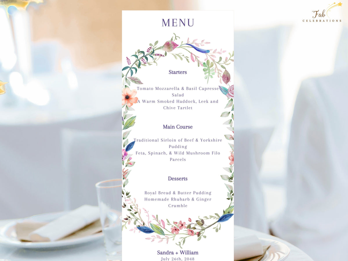 Wedding menu card featuring romantic watercolor-inspired florals and a refined editable layout for presenting courses or reception dishes as part of coordinated table stationery.