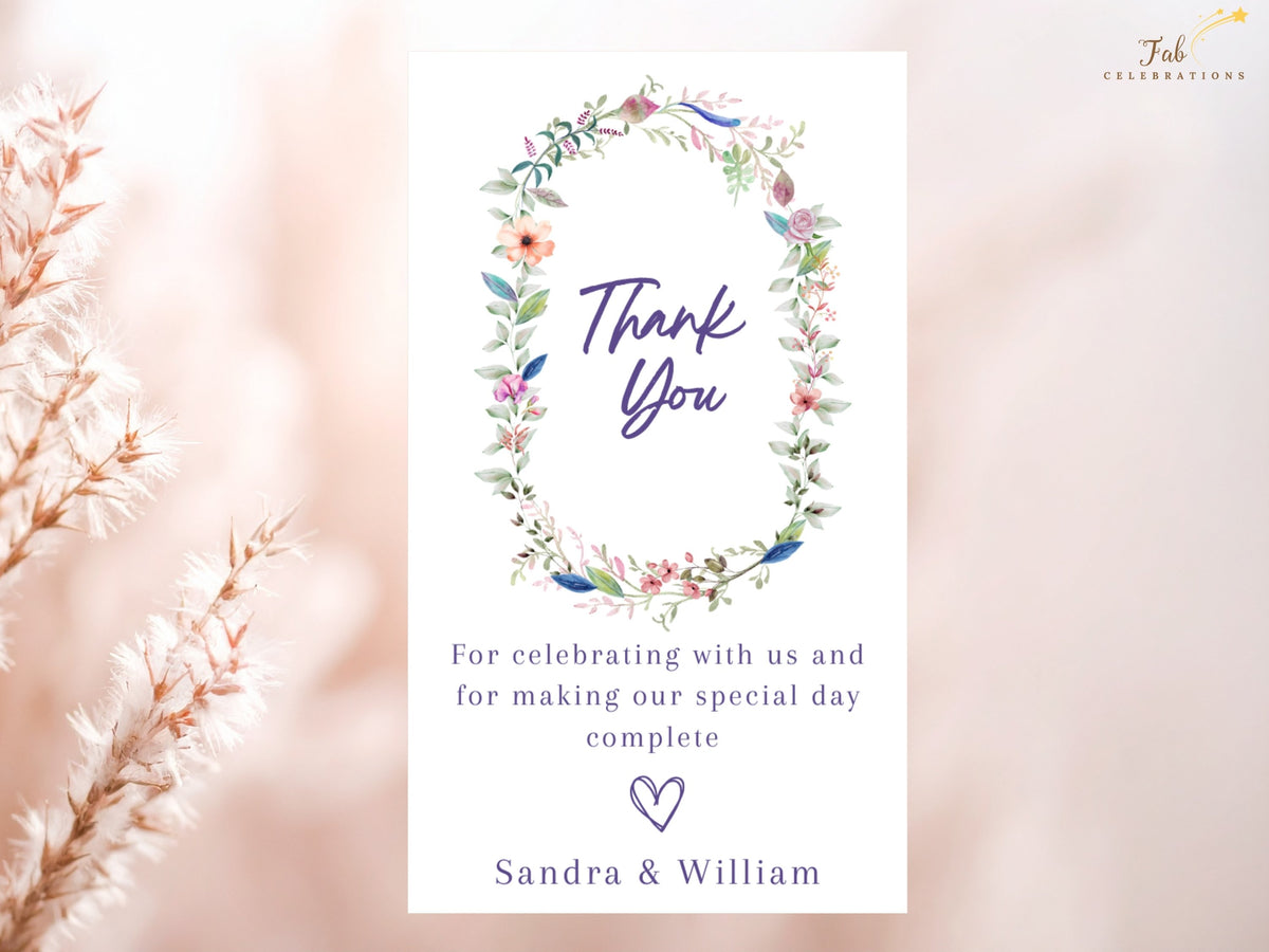 Wedding thank you card featuring romantic watercolor-inspired florals and elegant editable typography, designed for sharing a warm message of appreciation after the celebration.