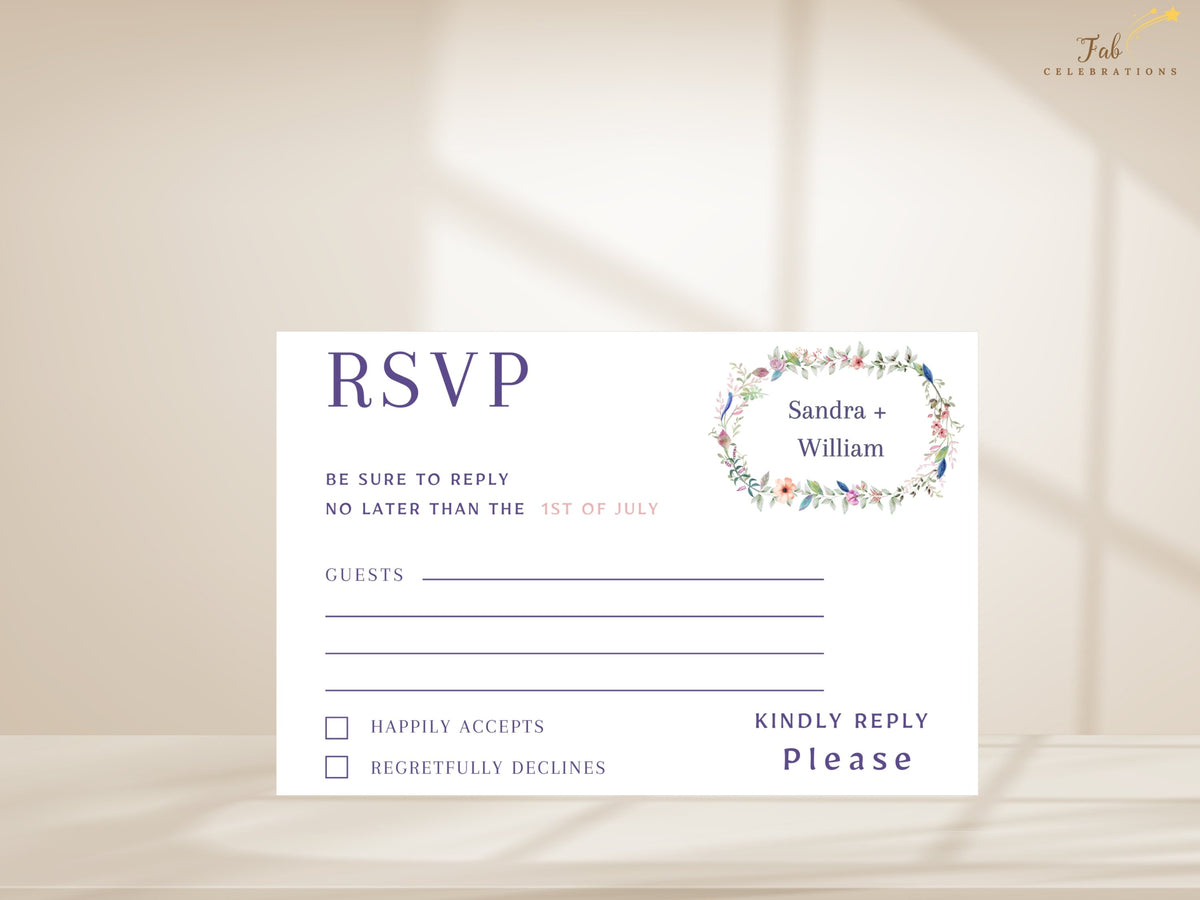 Editable wedding response card featuring a refined watercolor-inspired floral arrangement, customizable RSVP wording, attendance selections, meal choices, and personalized event information.