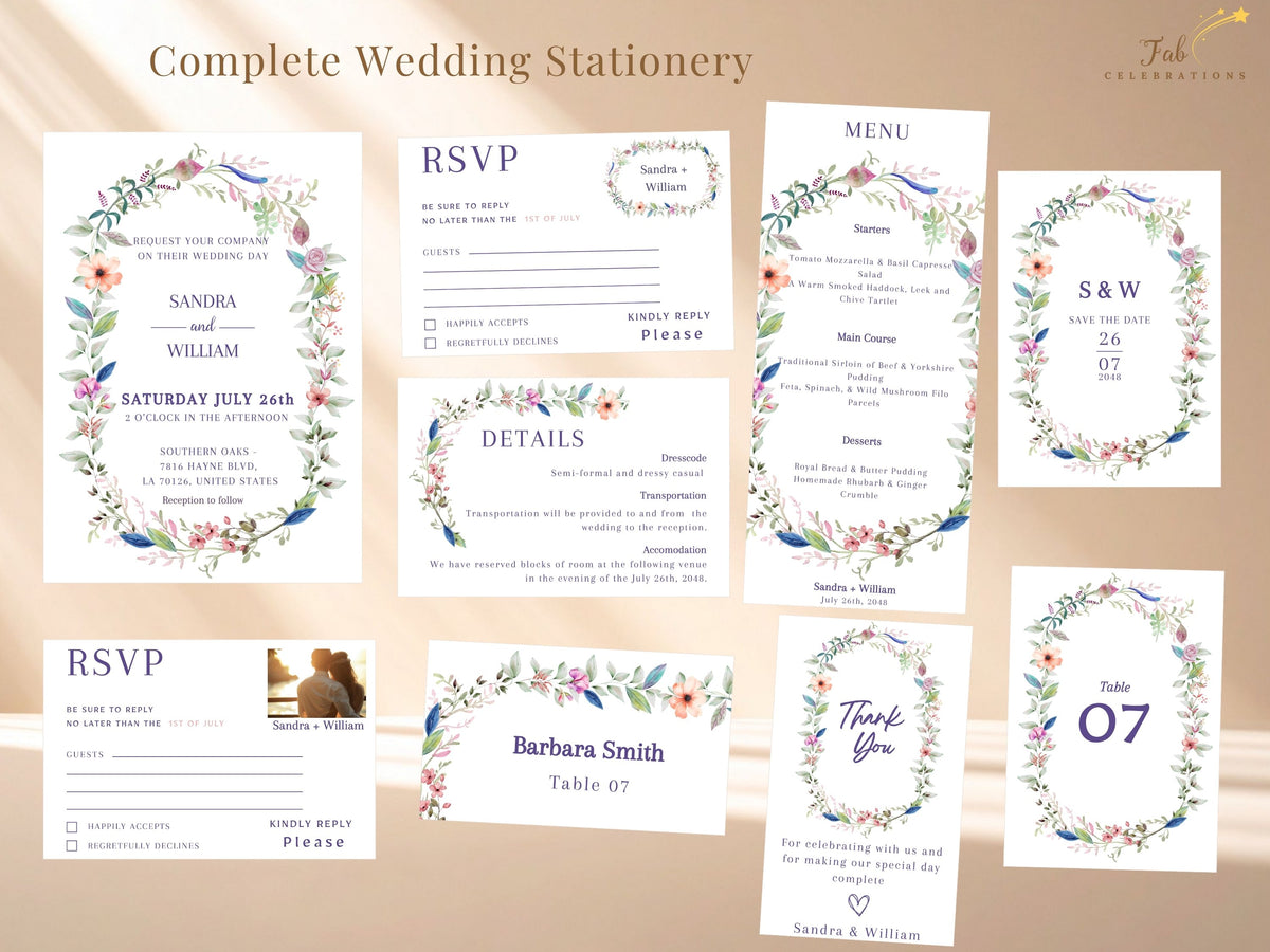 Complete coordinated wedding stationery collection featuring eleven editable watercolor-inspired templates, with invitation, response, details, save the date, table and reception pieces.