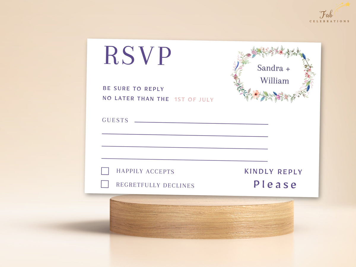 Editable floral wedding reply card with watercolor-inspired botanical accents, elegant response wording, attendance selections, meal choices, and customizable celebration details.