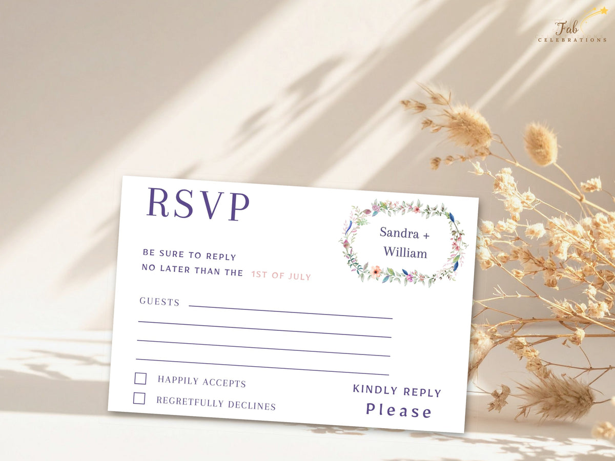 Editable wedding RSVP card featuring delicate watercolor-inspired florals arranged around elegant response wording, meal selections, attendance choices, and personalized event details.