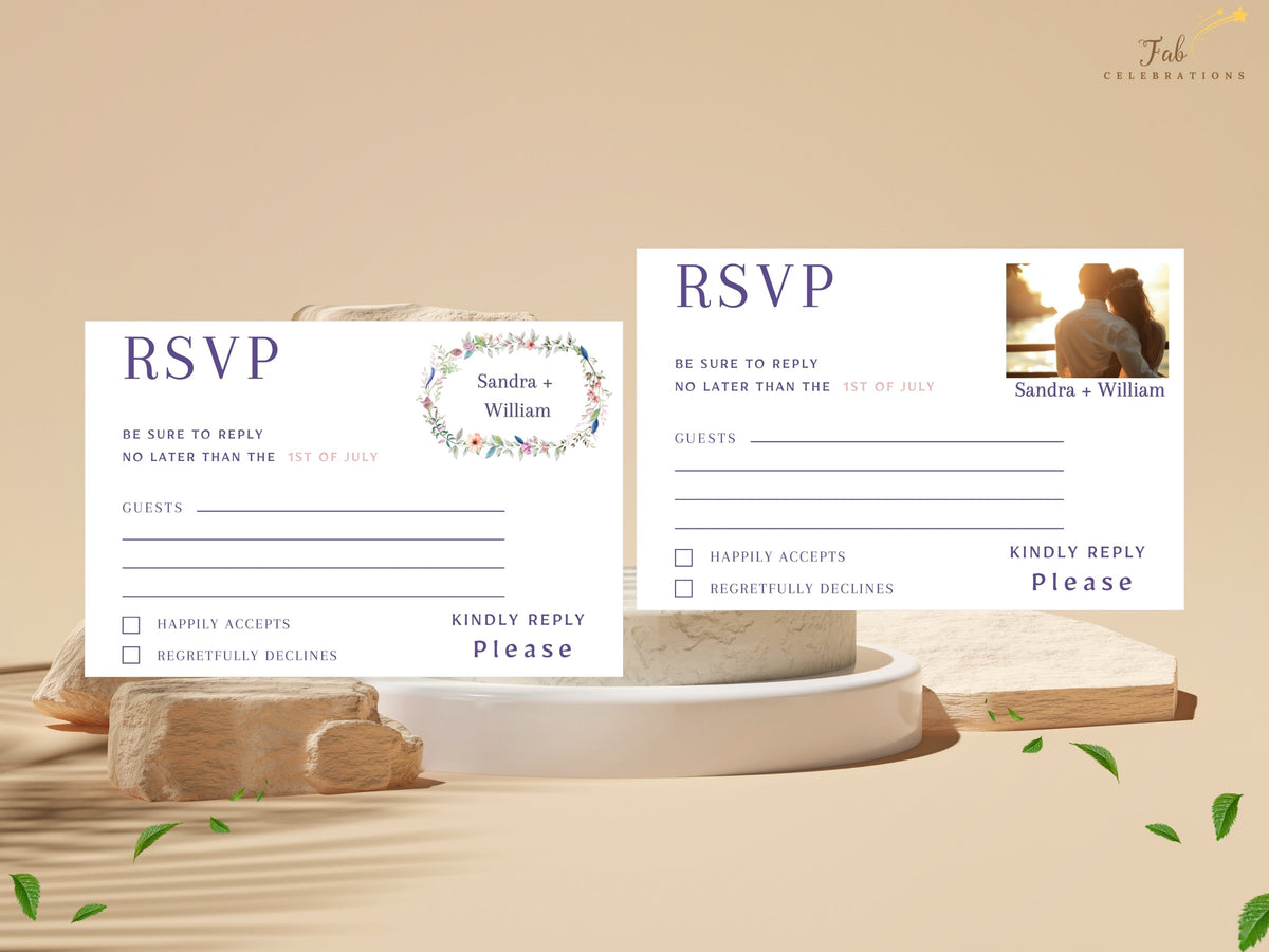 Matching pair of editable wedding RSVP cards with watercolor-inspired floral details, including a traditional response layout and an alternate design featuring a personalized photo area.