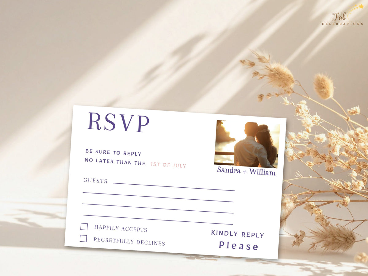 Editable wedding reply card with a personalized photo area framed by watercolor-inspired floral accents, plus elegant attendance wording, meal selections, and event details.