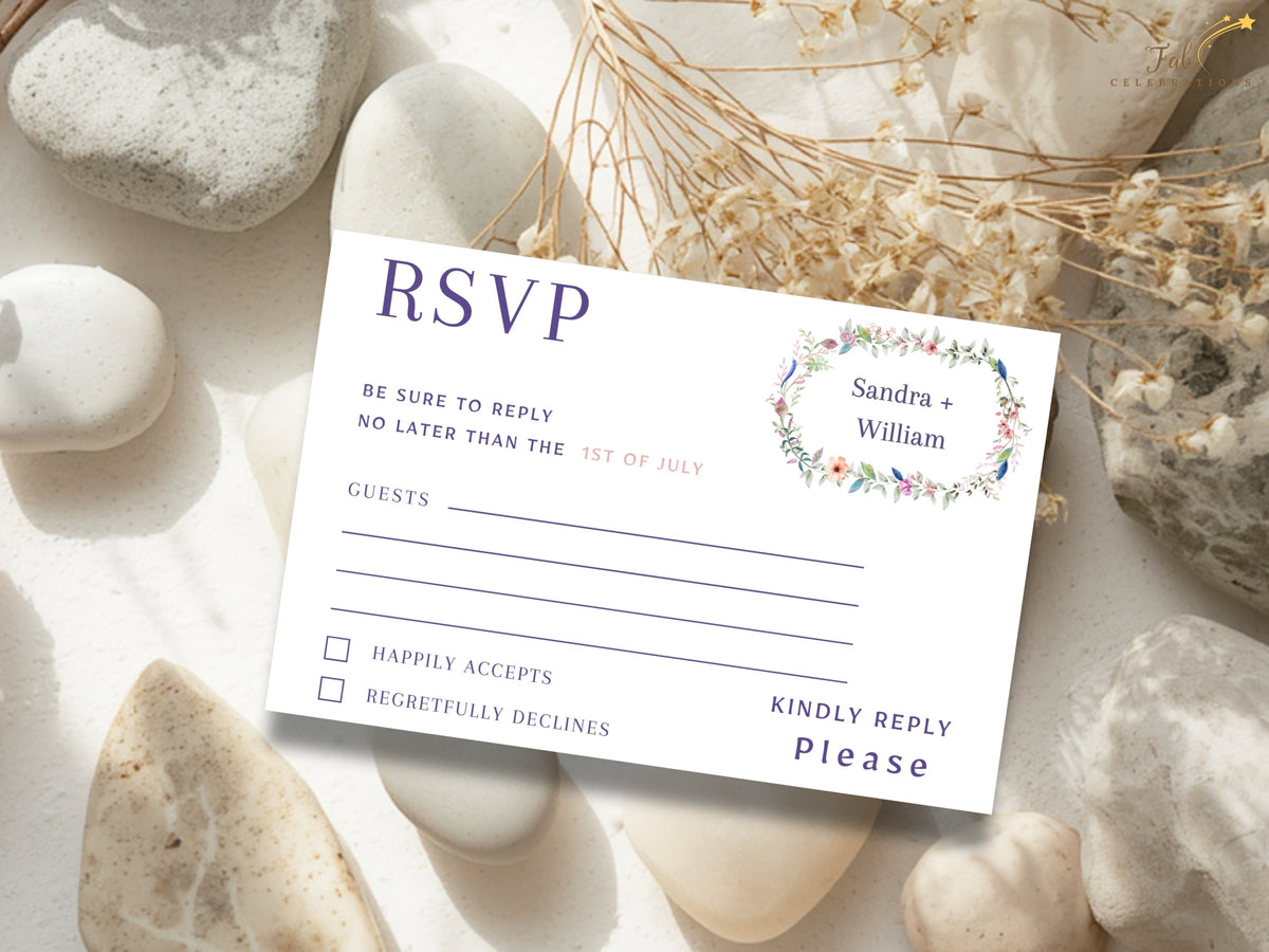 Single editable floral wedding response card featuring watercolor-inspired blossoms and greenery with elegant RSVP wording, attendance selections, meal choices, and event details.