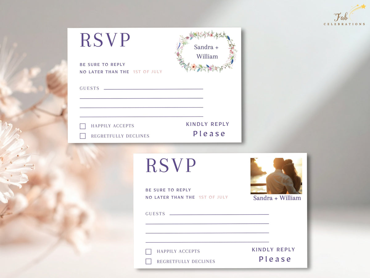 Boho Wedding RSVP Cards presented as a coordinated two-card set with watercolor-inspired floral details, including a classic reply card and a matching personalized photo option.