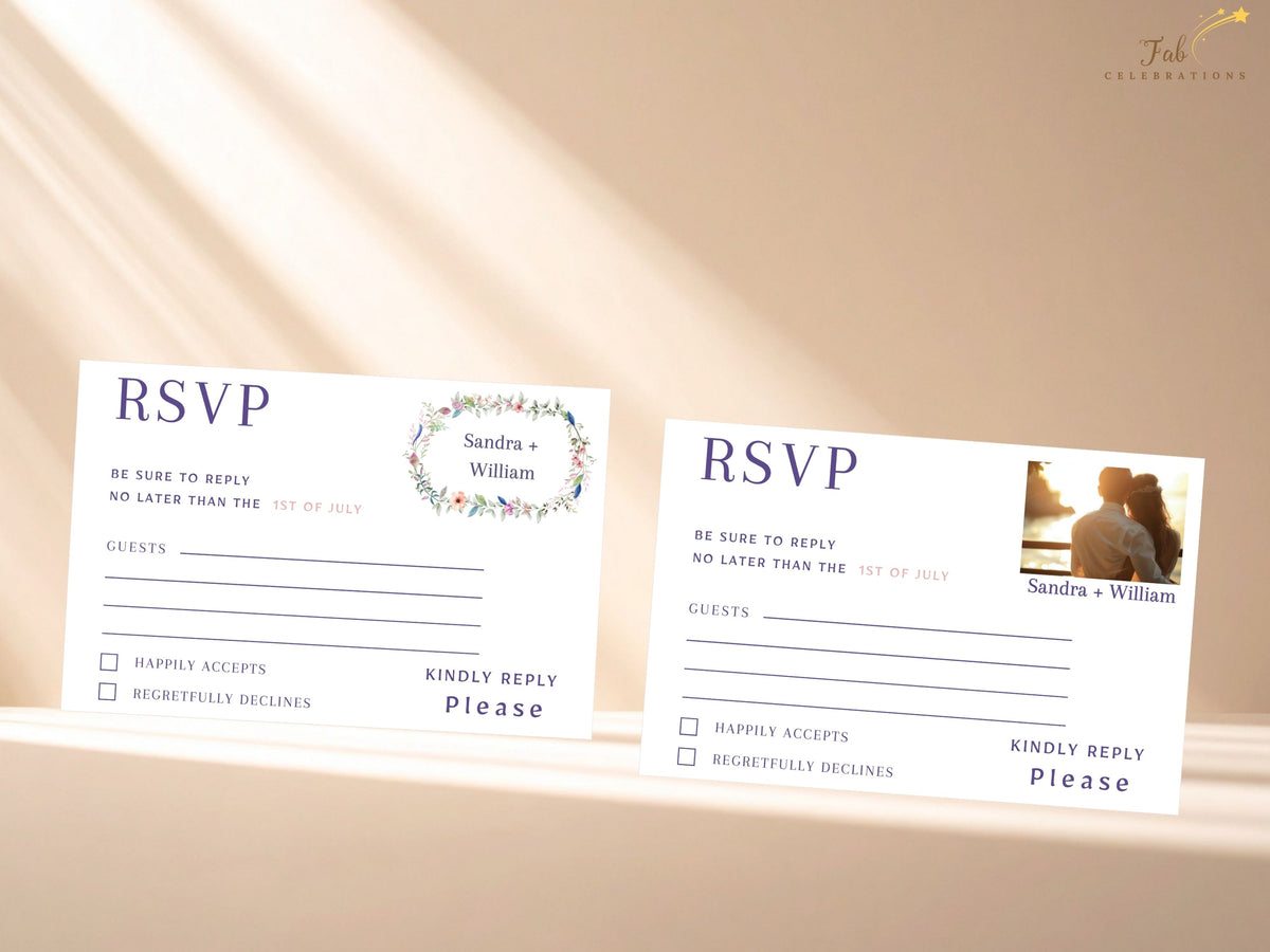 Two coordinated wedding response cards presented with descriptive feature text, including a watercolor-inspired floral RSVP design and a matching version with a personalized photo area.