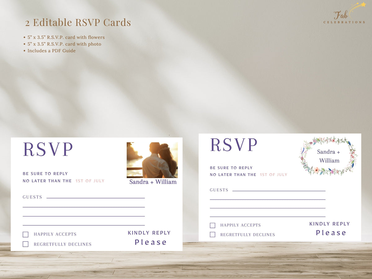 Two coordinated watercolor-inspired wedding response cards displayed with feature text, including one classic floral RSVP design and one matching card with a customizable photo area.