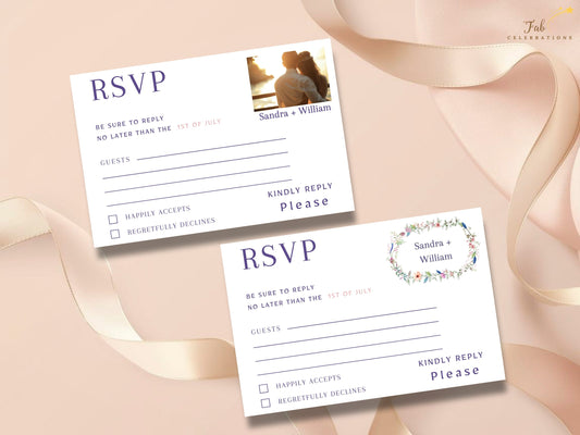 Boho Wedding RSVP Cards shown as two coordinated watercolor-inspired floral response cards, including a classic reply design and a matching version with a personalized photo area.